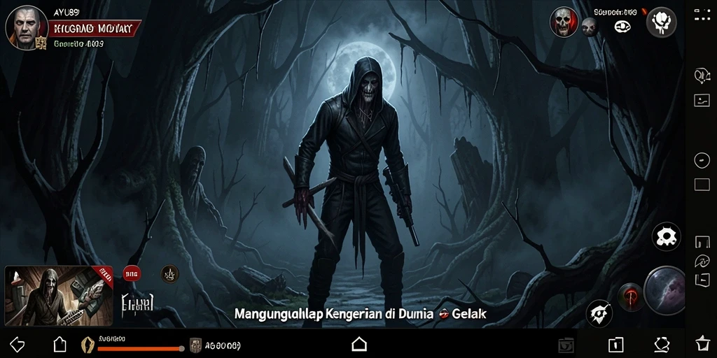 Screenshot AYU89 menampilkan karakter di lingkungan horor yang menegangkan.