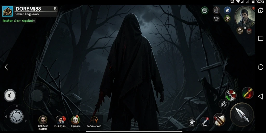 Screenshot gameplay DOREMI88 yang menampilkan suasana mencekam dan karakter horor.