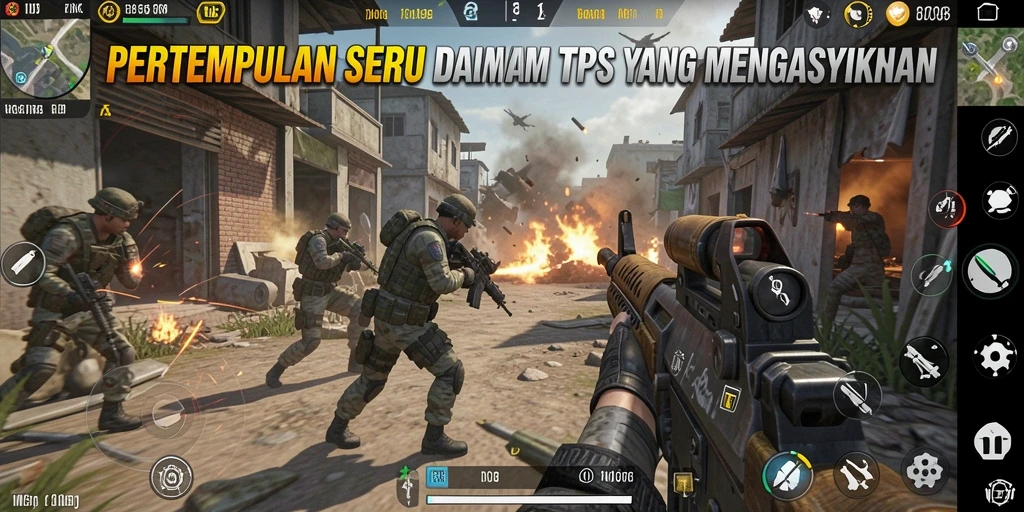 Tampilan screenshot gameplay dari ID098 menunjukkan aksi seru dalam TPS.