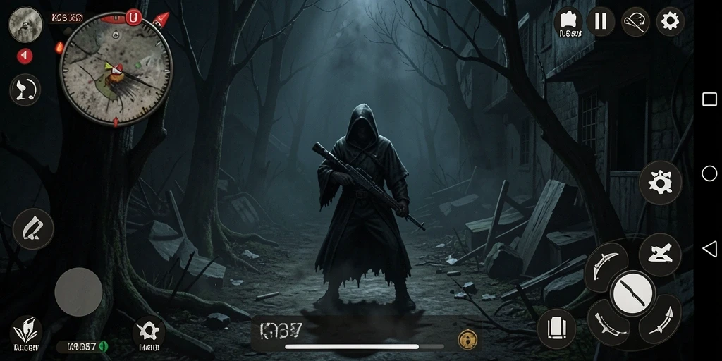 Screenshot gameplay KO857 yang menampilkan suasana mencekam dan efek visual menakutkan.