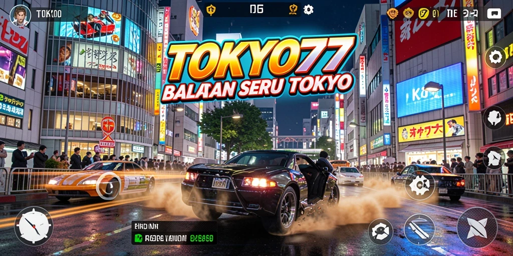 Screenshot utama TOKYO77 menampilkan aksi balap cepat di jalanan Tokyo.