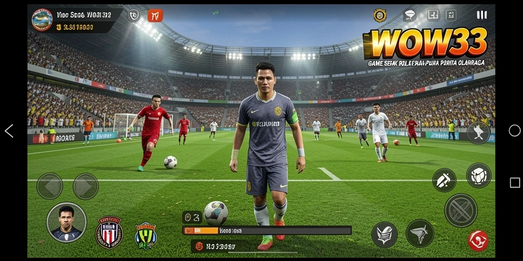 Screenshot gameplay WOW33 yang menampilkan aksi pertandingan sepak bola.